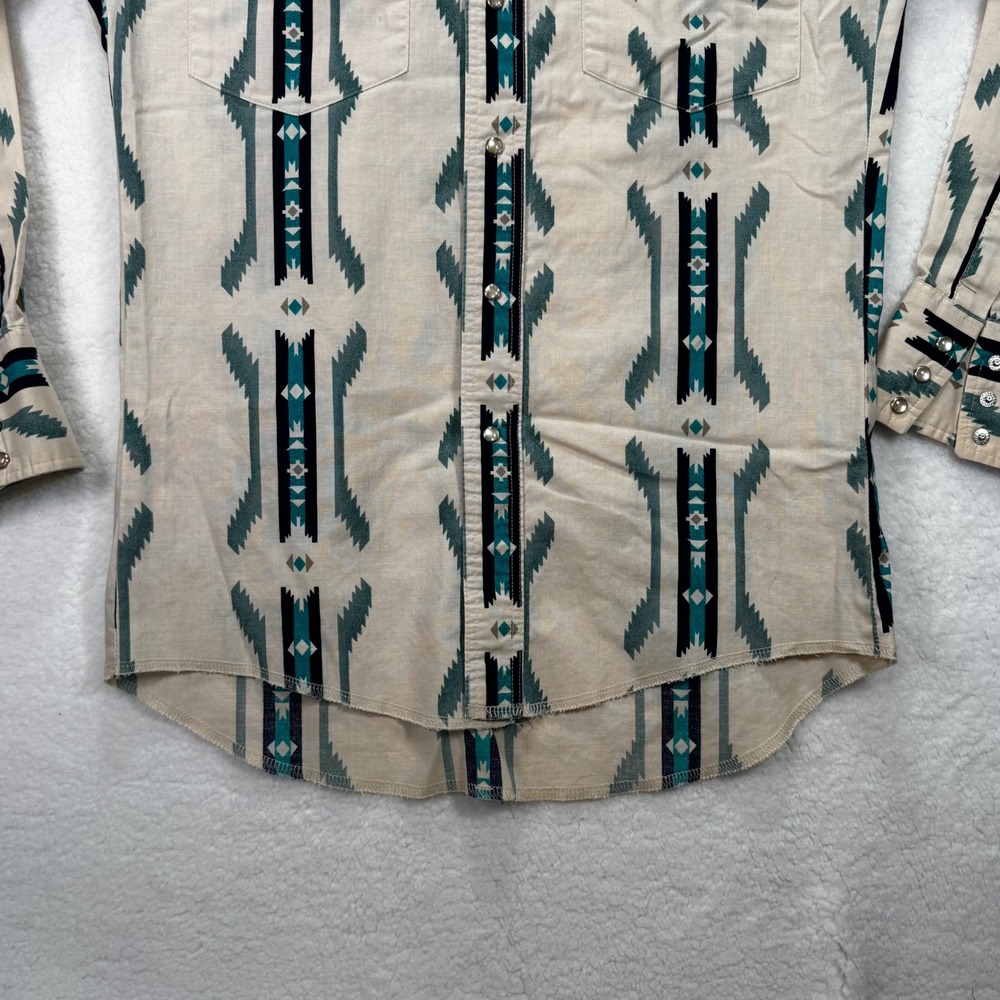 Wrangler Mens Aztec Western Snap Shirt Small Teal Tan Geometric Long Sleeve - Picture 7 of 12